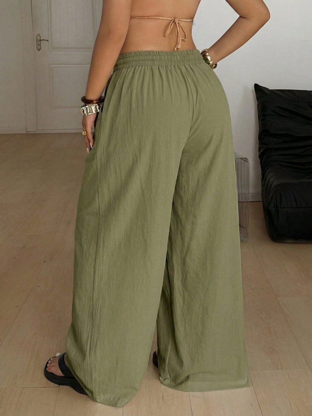 Army Green Women's Plus Size Oversized Drawstring Waist Loose High-Waist Pants - Picture 2 of 5